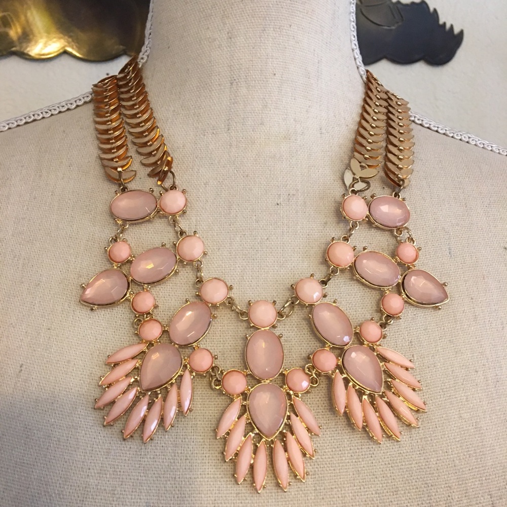 Blush pink stone gold leaf fancy chain necklace